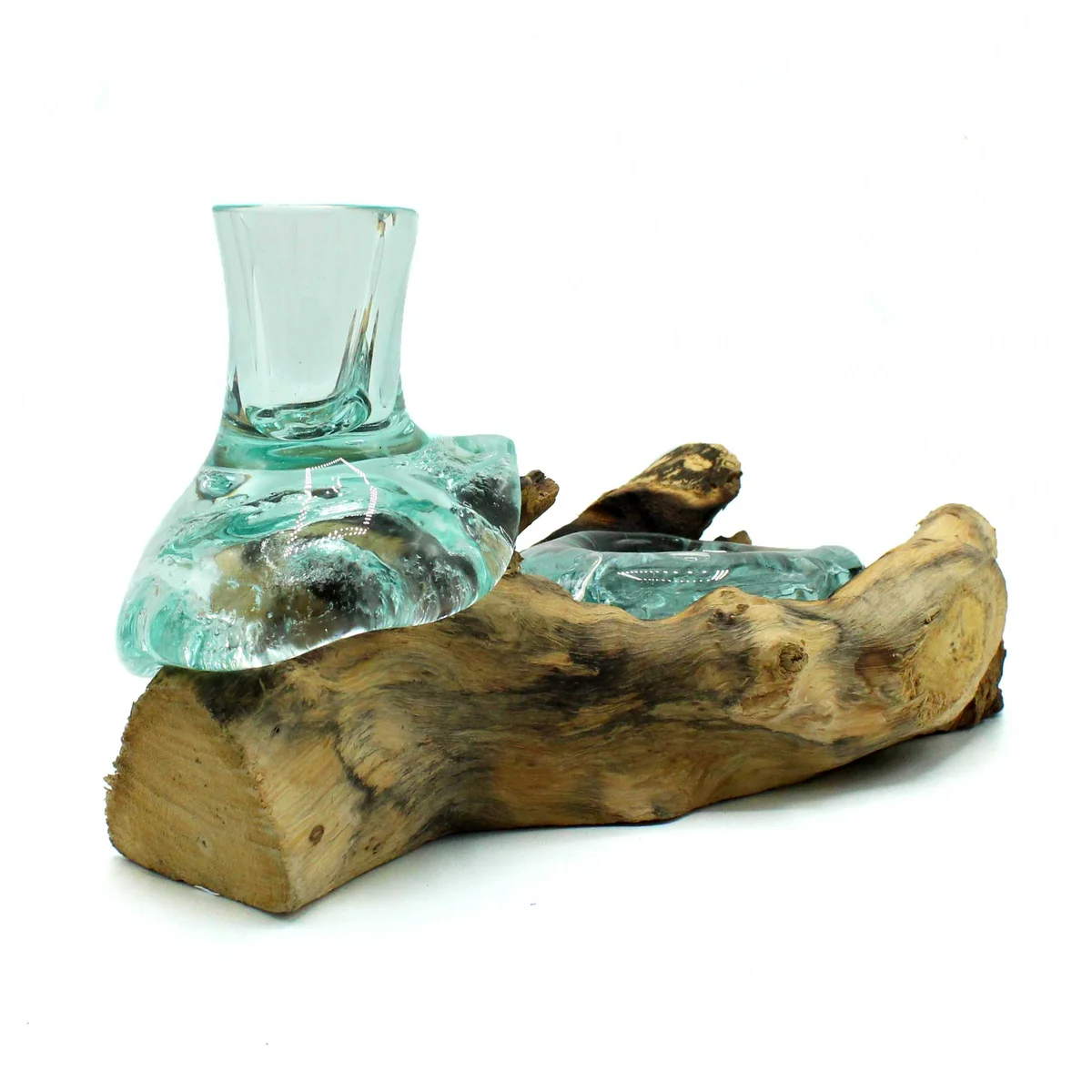 Molten glass tealight holder vase on a wooden base, small size, ideal as flower vase.
