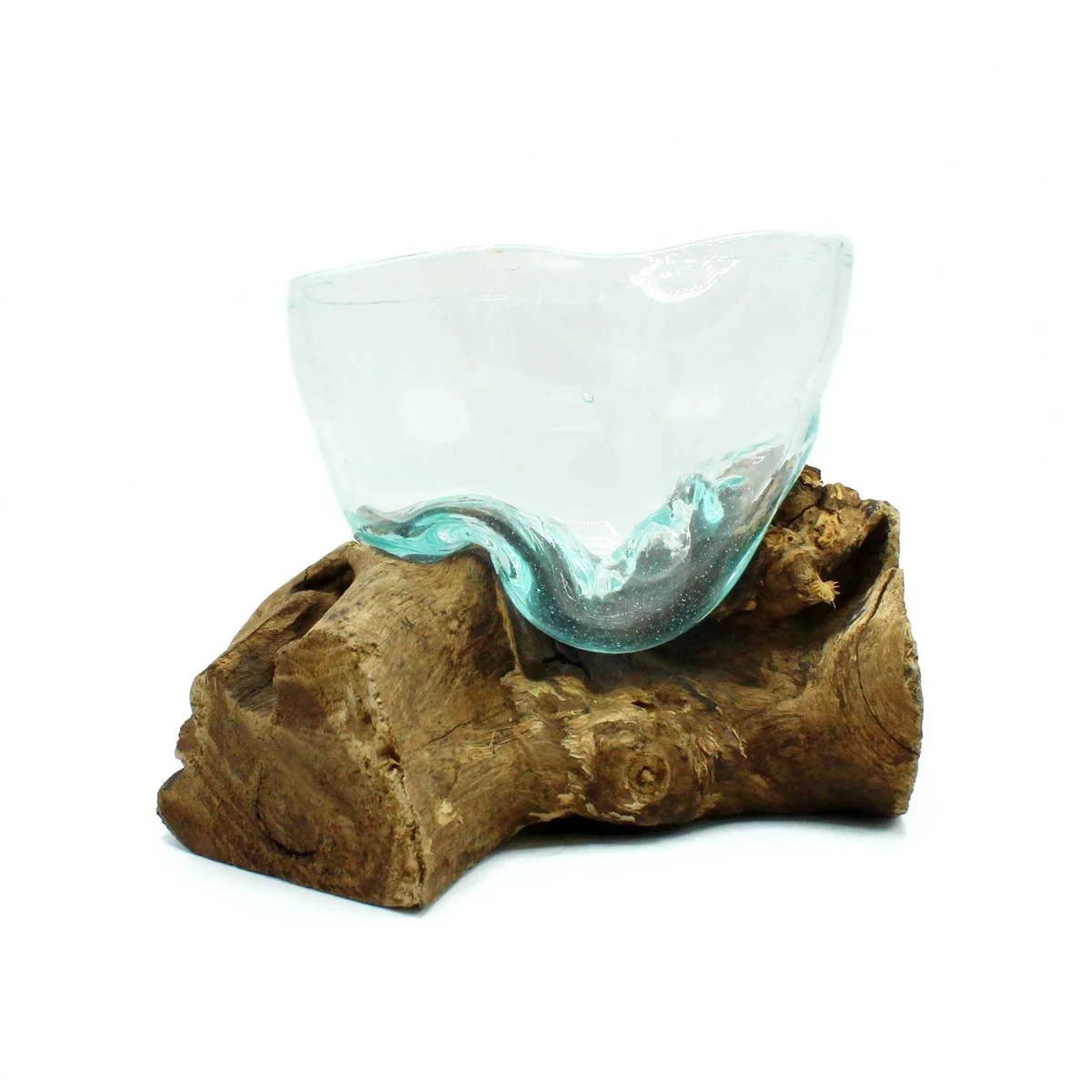 Artfully misshapen molten glass bowl on a wooden base, showcasing unique handcrafted design and texture