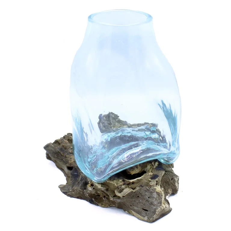 Large molten glass vase terrarium jar displayed on a wooden base against a white background