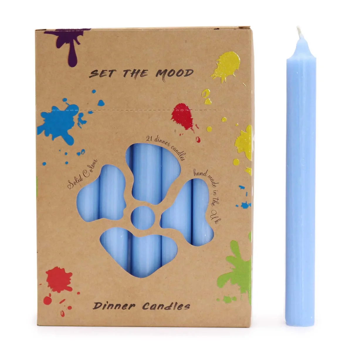 Set of 21 rustic sea blue solid colour dinner candles arranged together on a white background