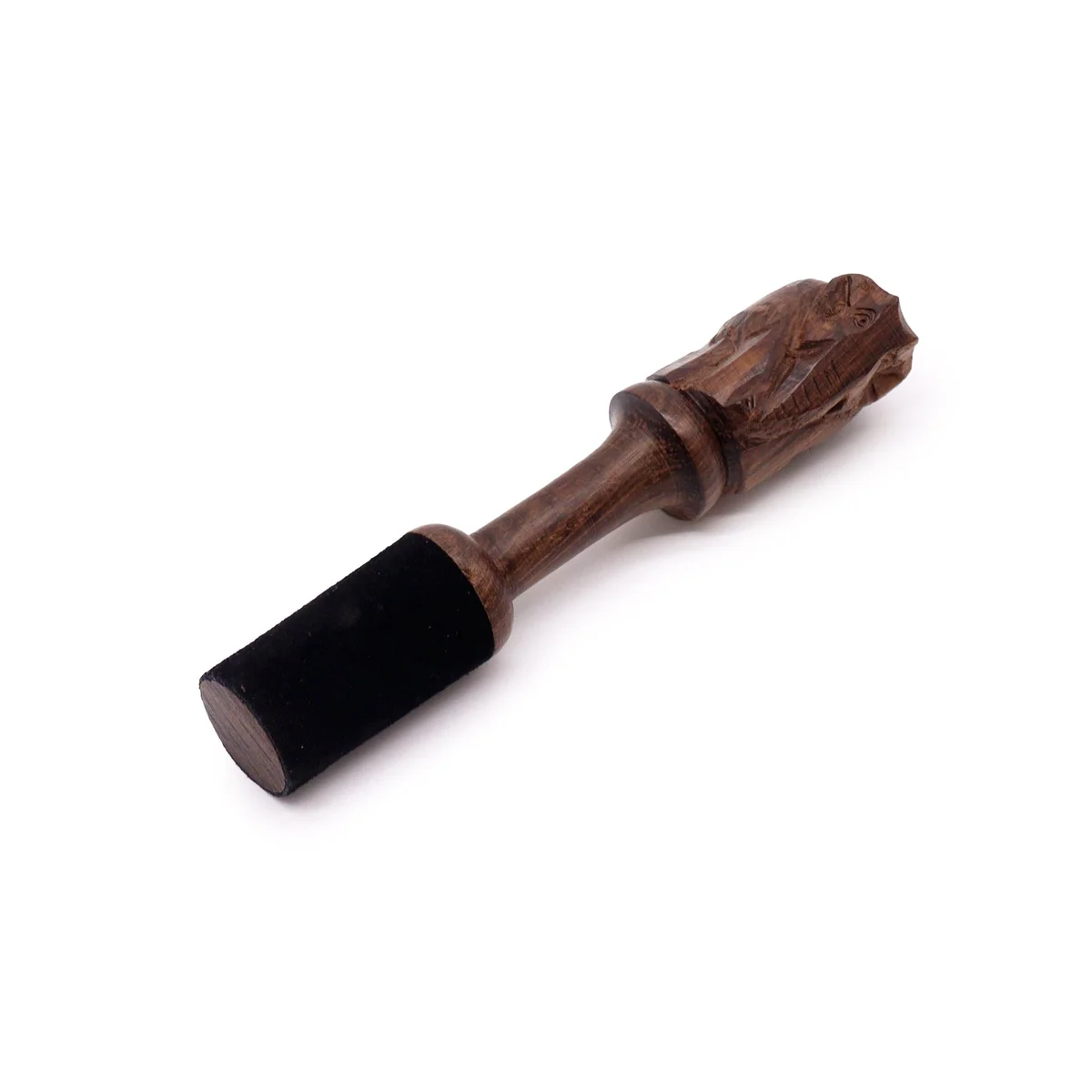 Wooden elephant stick 14cm long with detailed elephant carving on the handle against a white background