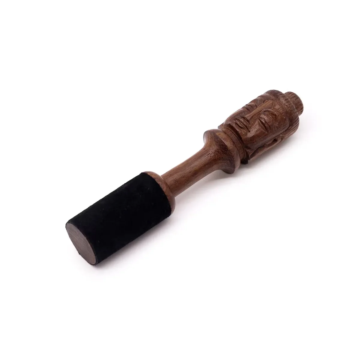 Decorative wooden stick 14cm with detailed Buddha carving, smooth finish, natural wood color, shown against white background
