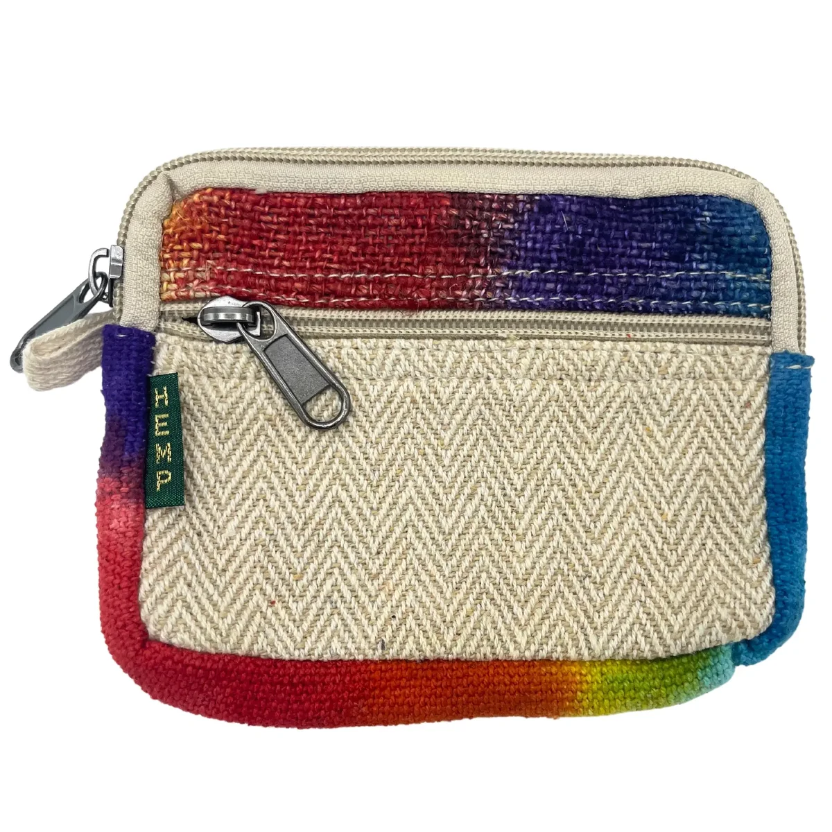 Square tiedye pouch made from hemp fabric with multicolored pattern and zipper closure