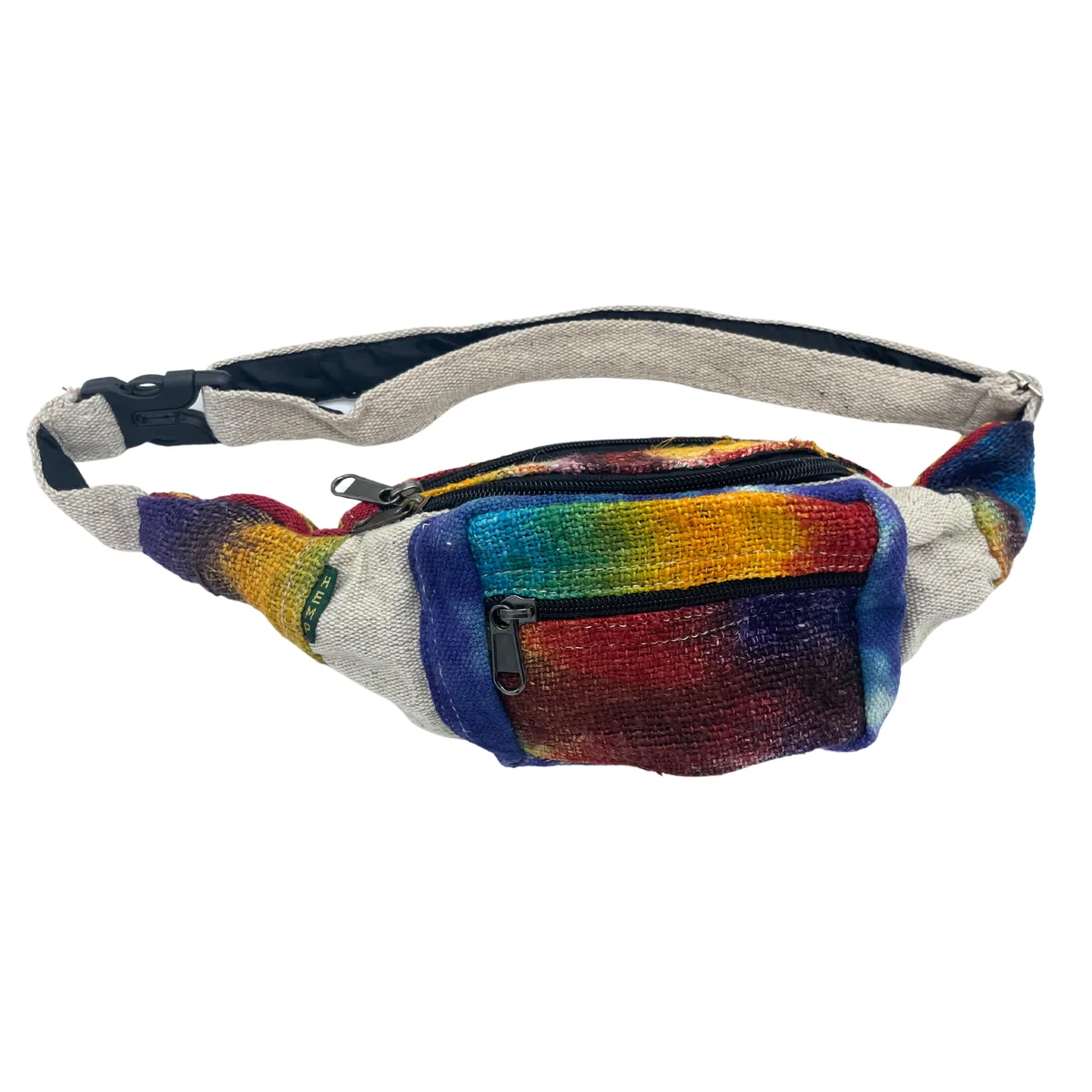 Tiedye hemp casual bum bag with adjustable strap and zippered main compartment in vibrant tie-dye pattern