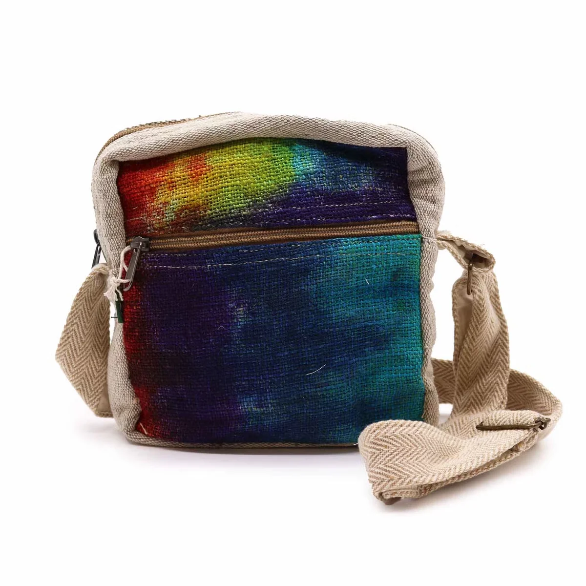 Tiedye hemp messenger zip closure bag shown flat with visible tie-dye pattern and single zip on top