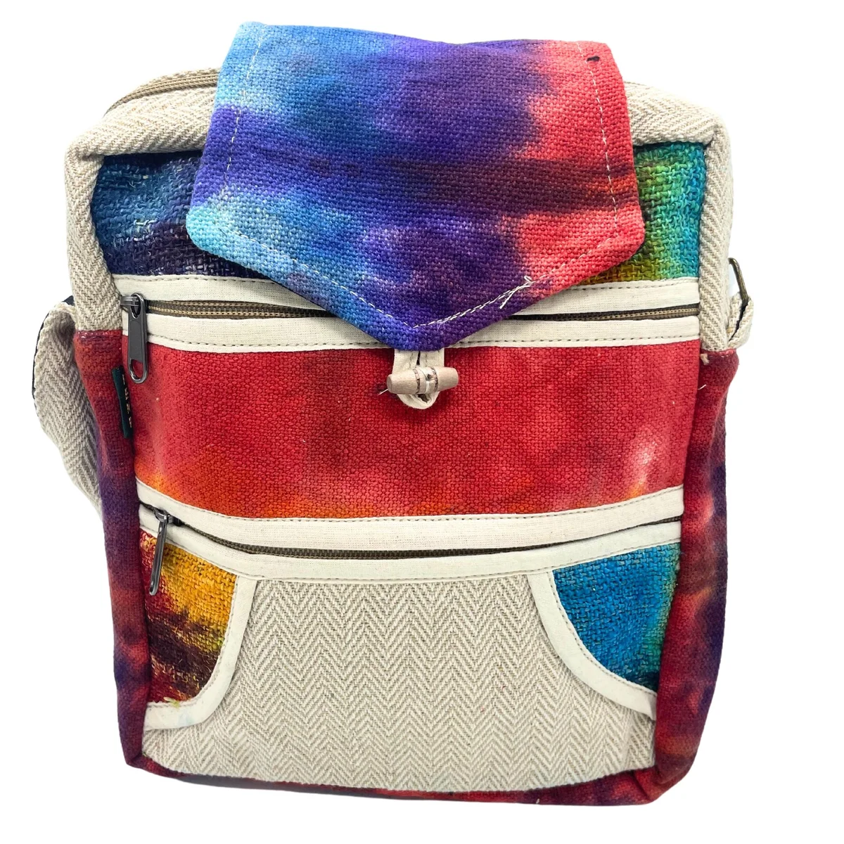 Tiedye hemp messenger bag with two zip compartments and a flap closure in natural hemp fabric design