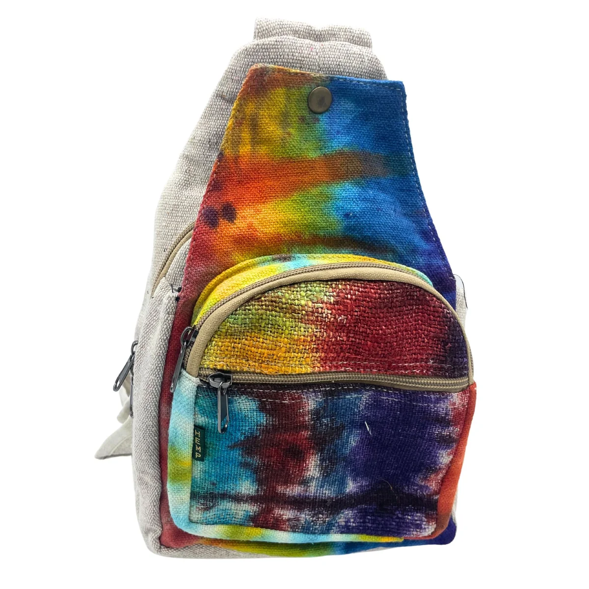 Tiedye patterned hemp sling shoulder bag with adjustable strap and compact design for casual use