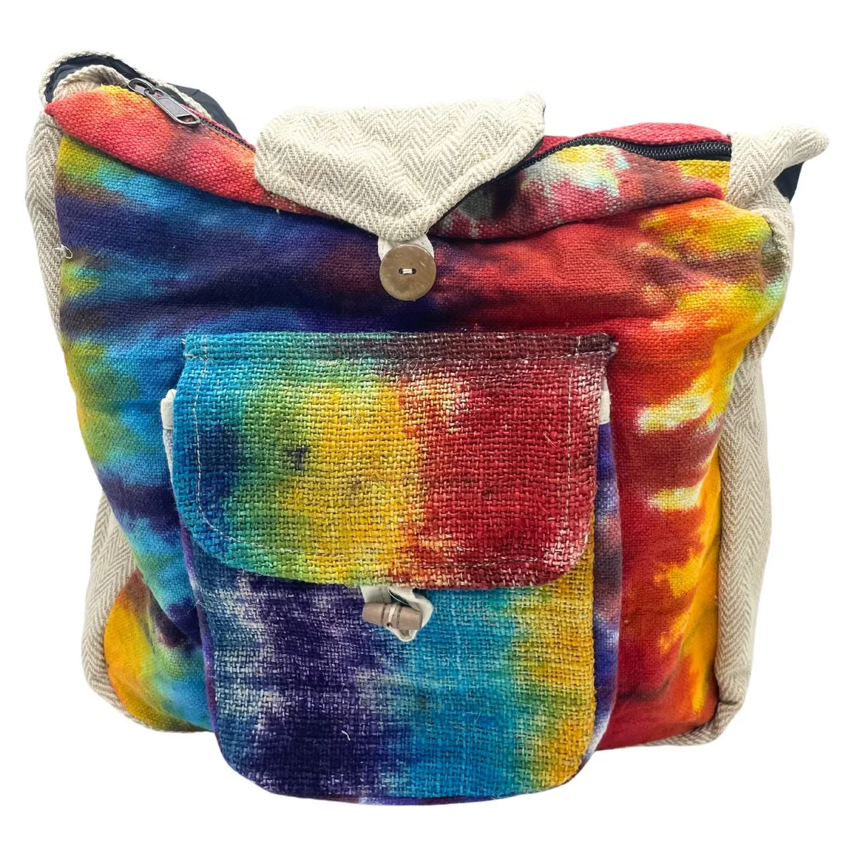 Tiedye bag made from hemp with a front pocket, shown hanging against a plain background