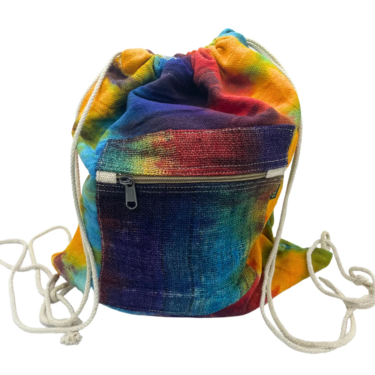 Tiedye hemp string eco friendly tote bag with colorful pattern and durable natural fibre handles, shown flat on white background