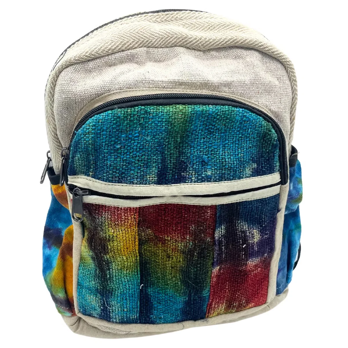 Medium tiedye hemp backpack in natural tones, showcasing no print backpack design with adjustable straps and front pocket.