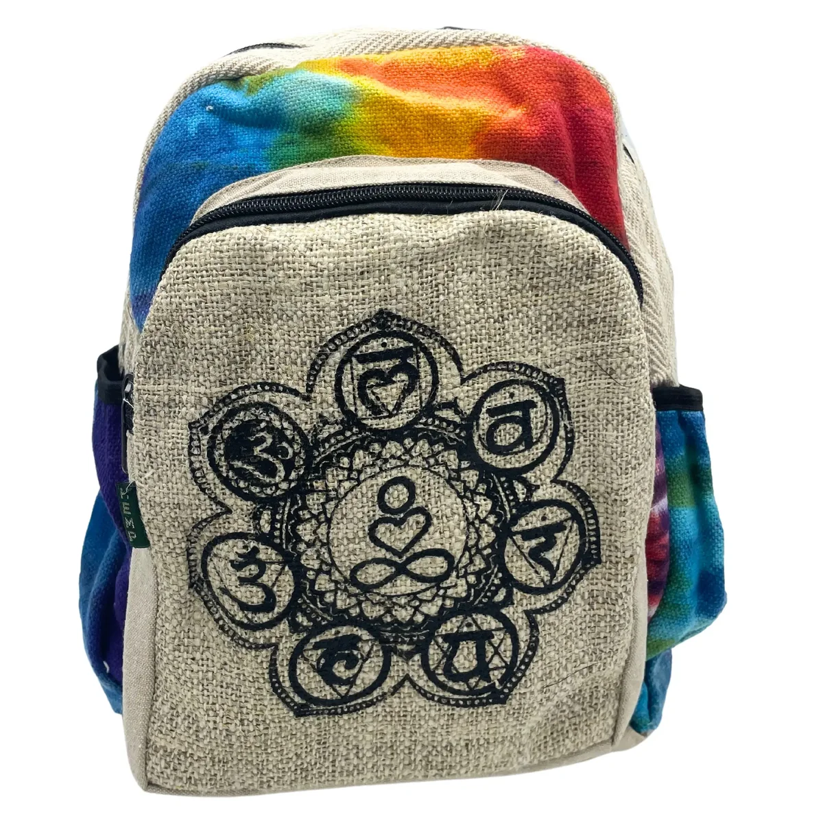 Tiedye hemp medium backpack featuring colorful 7 chakra design, durable straps, and front zipper pocket