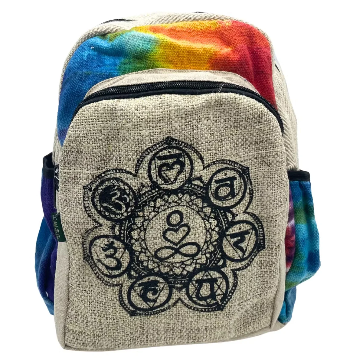 Medium size backpack made of hemp fabric with a colorful tiedye 7 chakra design, shown from a side angle.