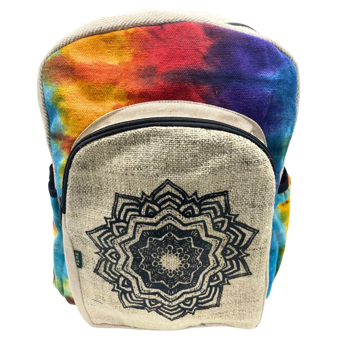 Large hemp backpack with tiedye mandala pattern, featuring multiple compartments and adjustable straps