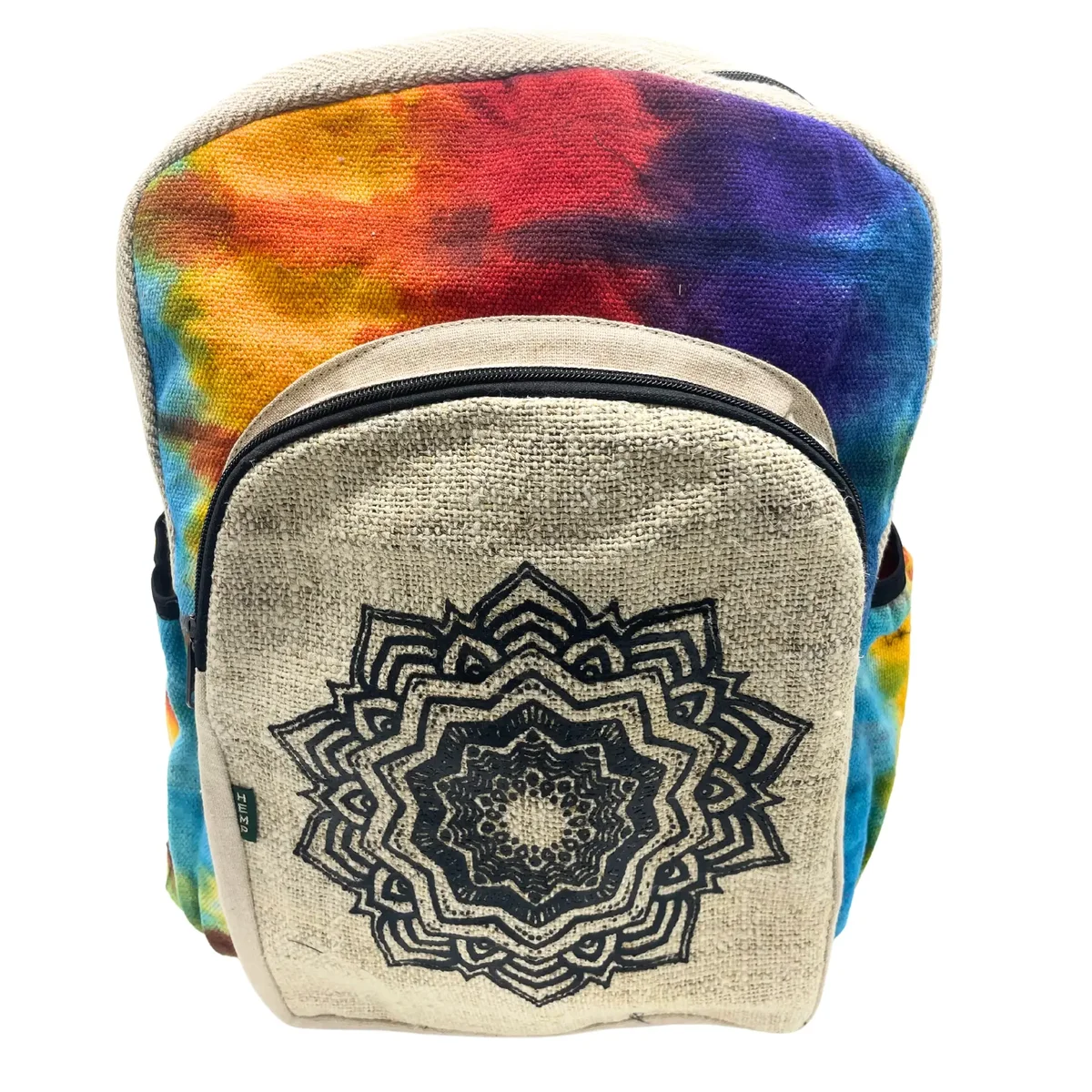 Large tiedye backpack made from hemp featuring a colorful mandala design on the front pocket