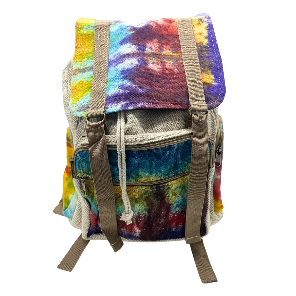 Large square tiedye backpack made from hemp fabric with adjustable straps and front pocket detail