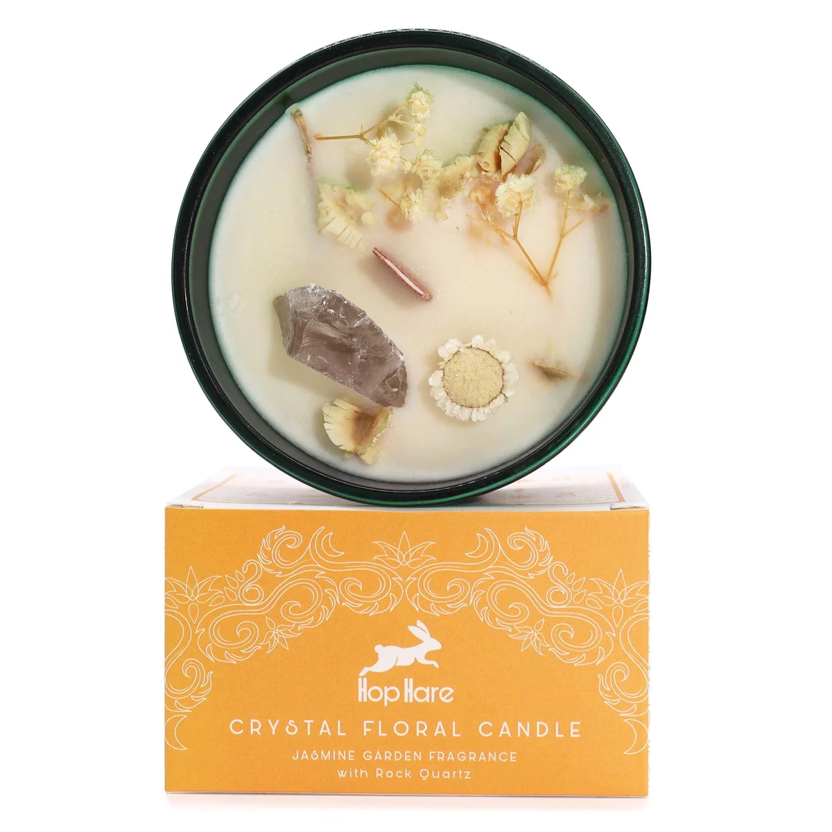 Hop Hare Crystal Magic Flower Candle featuring The Lion design with detailed floral patterns on a white candle base