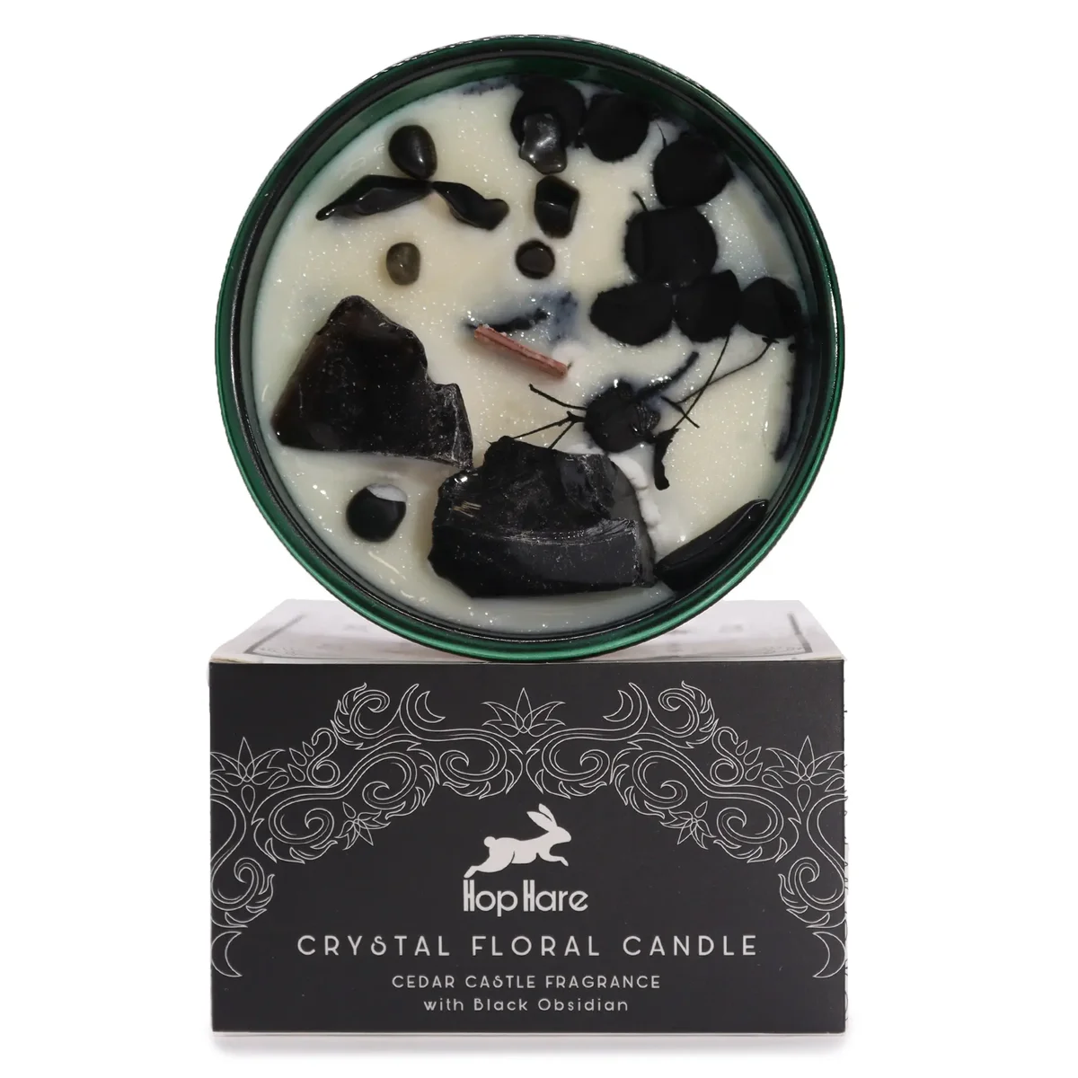 Hop Hare crystal candle with magic flower design, featuring The Knight of Swords theme on packaging