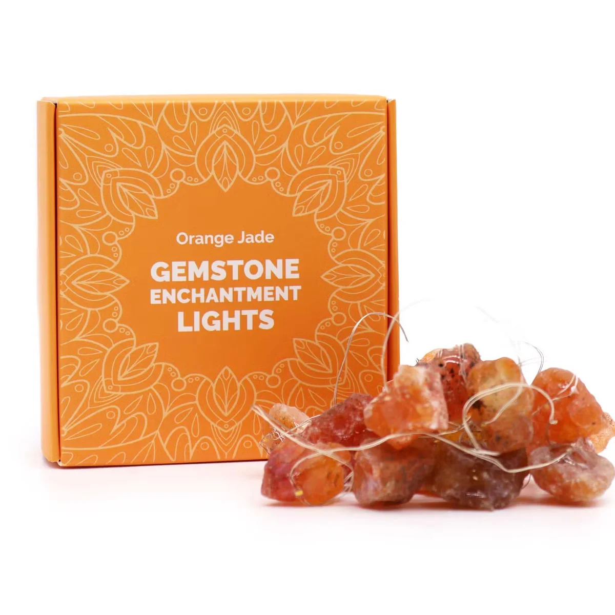 Orange Jade indoor gemstone lights glowing softly, showcasing smooth, polished stones on a string.