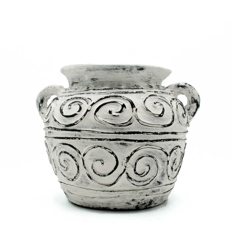 Cream Greek clay plant pot with handles, 15 cm tall, ceramic planter.