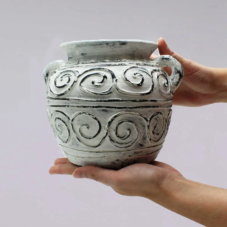 Cream plant pot in Greek clay style with two handles, 15cm tall