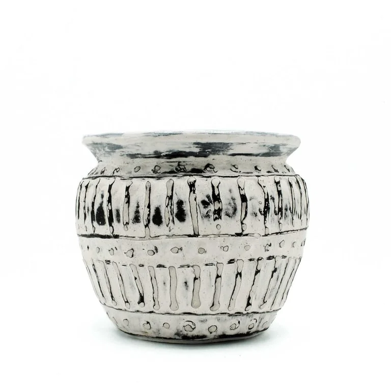 Cream‑coloured Greek clay plant pot, 12 cm tall, rustic container for indoor plants.