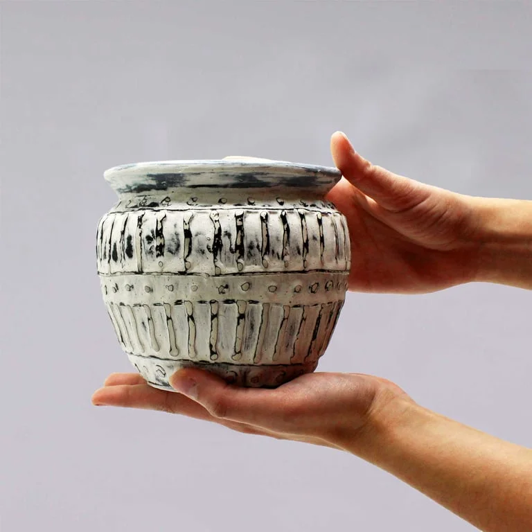 Cream Greek clay plant pot, 12 cm, rustic earthenware design.