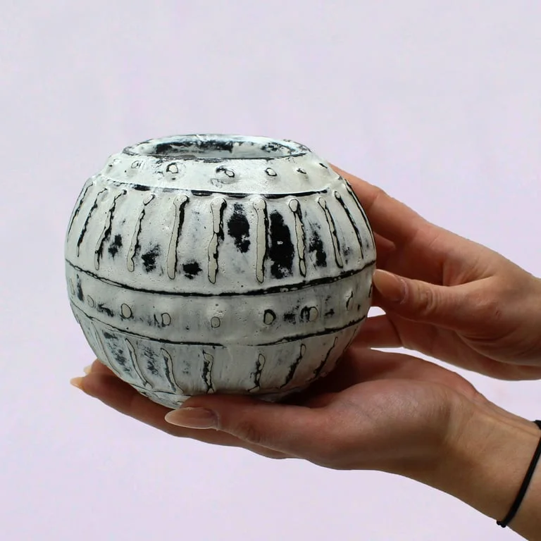 Greek style plant pot in cream, 10cm, bubble clay design.