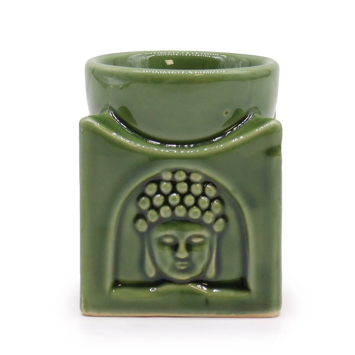 Dark jade square incense holder featuring a Buddha design, shown from a top angle on a white background