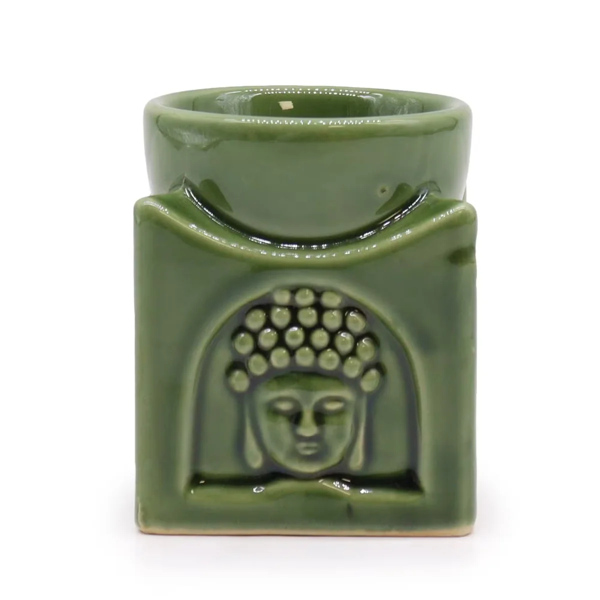 Dark jade square Buddha incense burner with smooth finish, shown from a top angle on a white background
