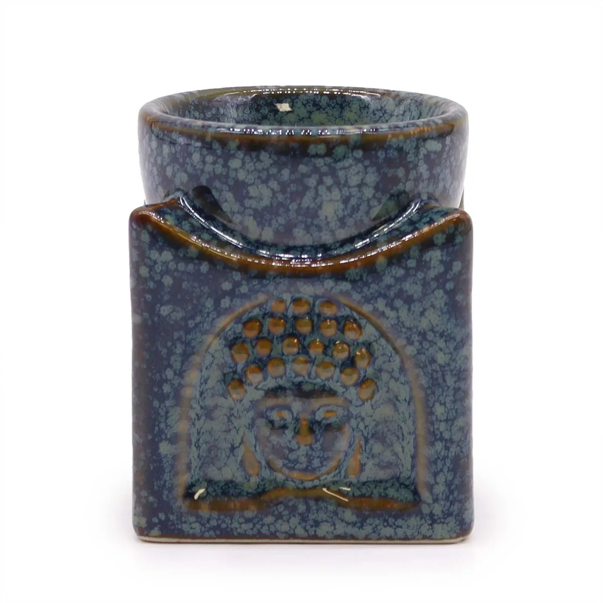 Square dusty blue burner featuring a Buddha design with a smooth matte finish on all sides