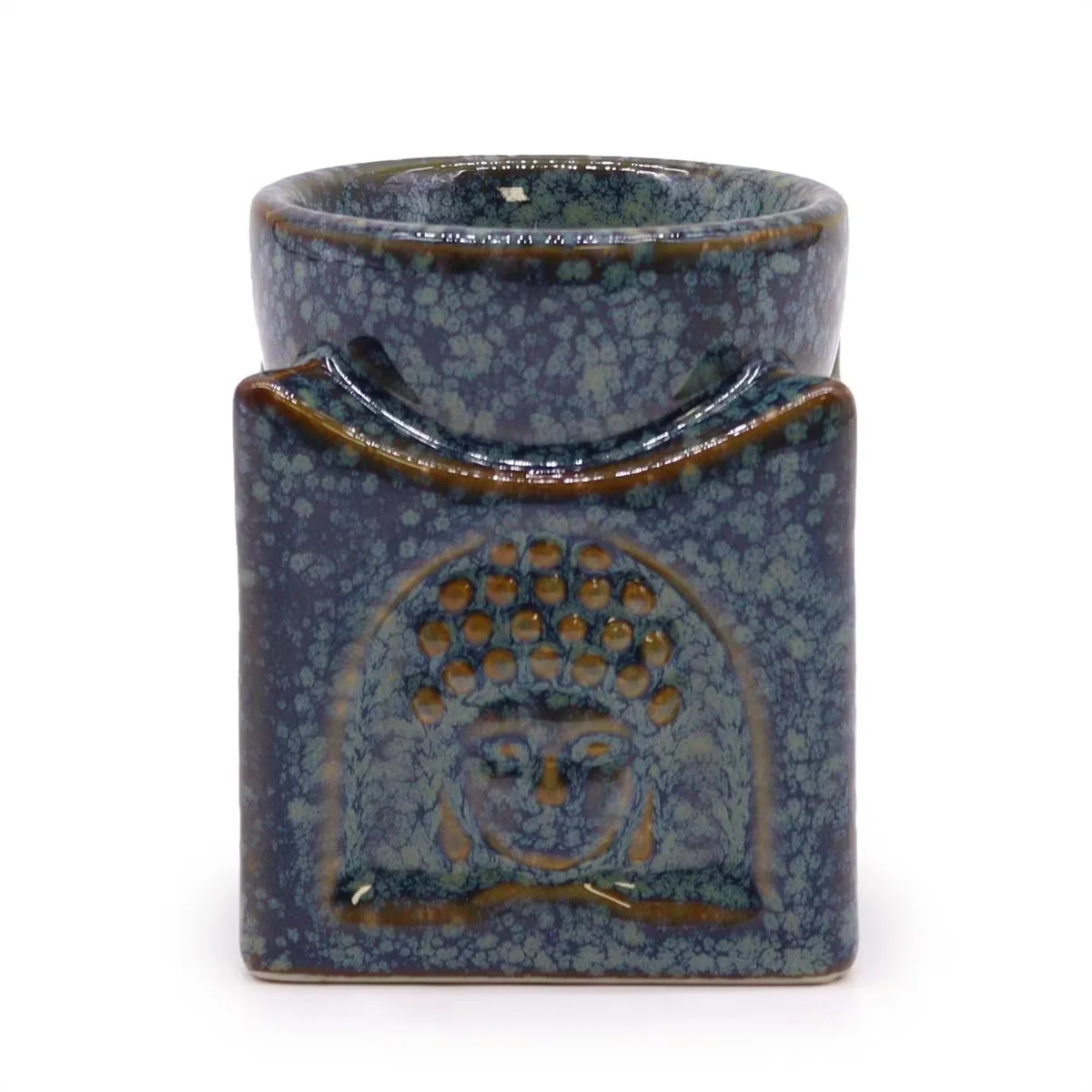 Dusty blue square Buddha decorative incense burner with a minimalist design, shown from a side angle on a white background