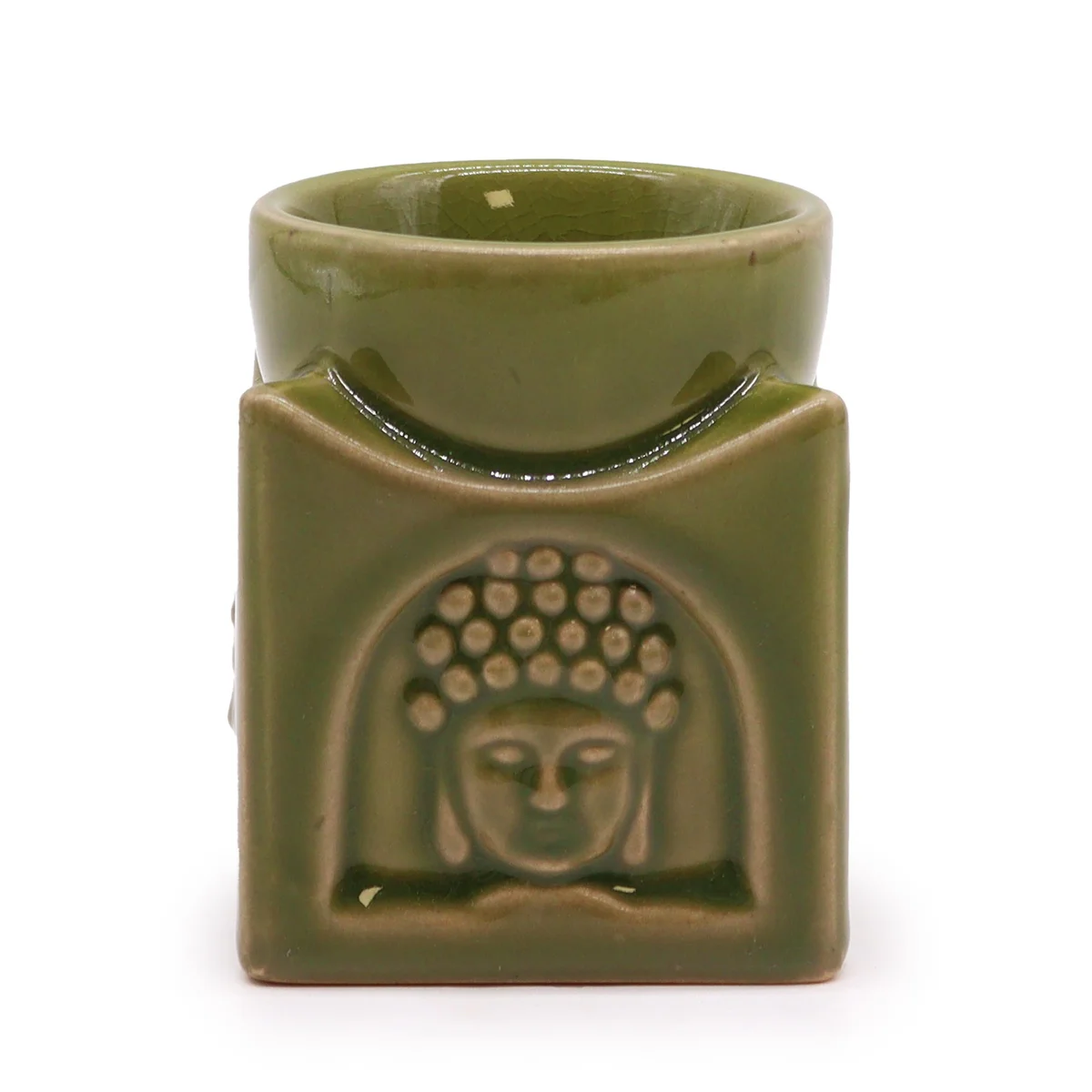 Square Buddha burner in light jade color shown from the side on a white background with smooth finish details