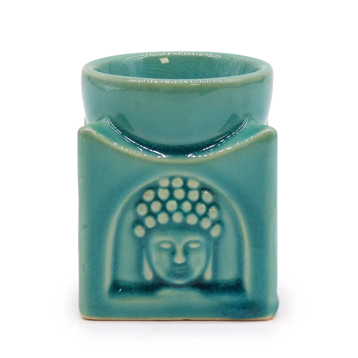 Square Buddha burner in soft turquoise color with a square shape, designed for holding incense or essential oils