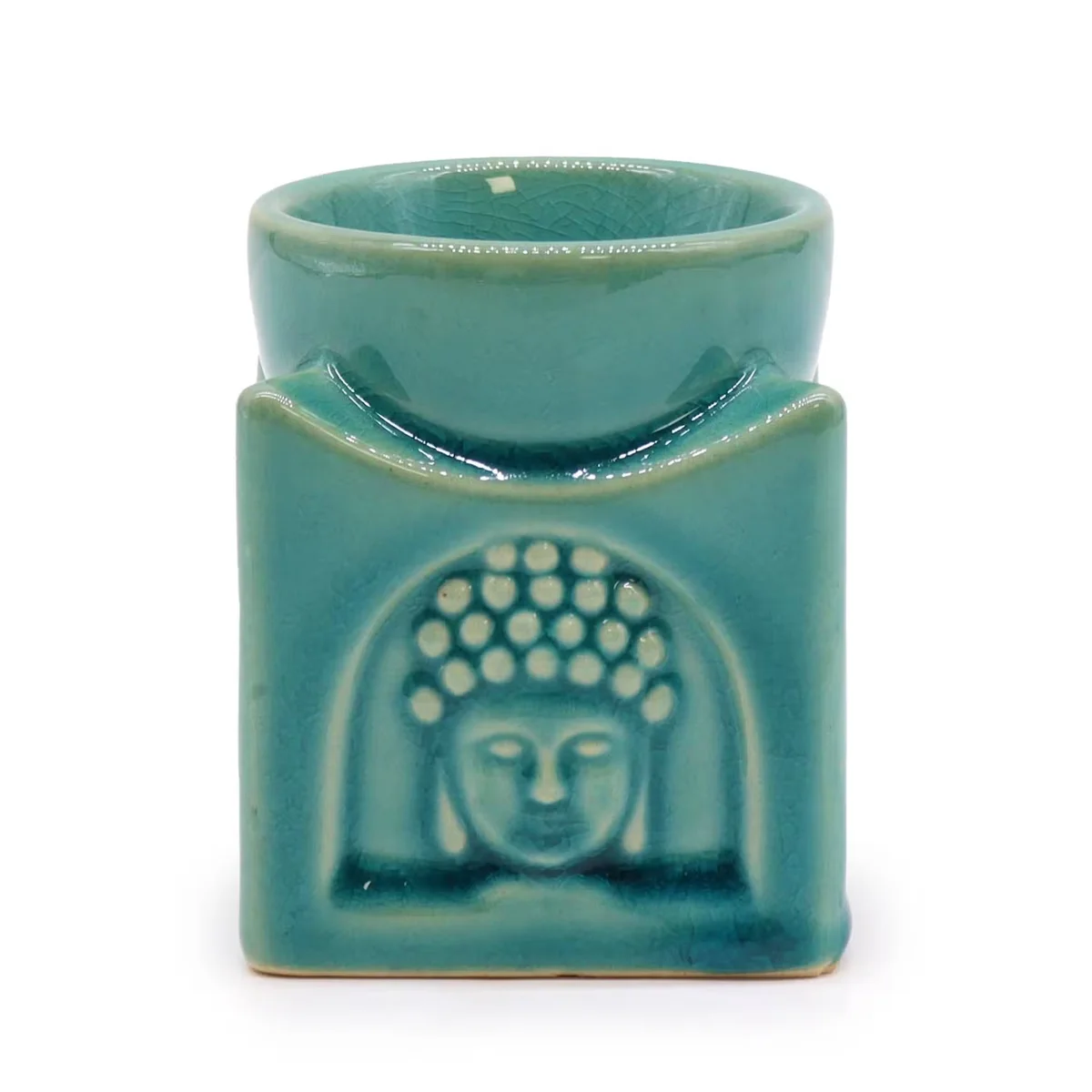 Square turquoise decorative incense burner with Buddha design, square shape, soft turquoise finish, for home decor.