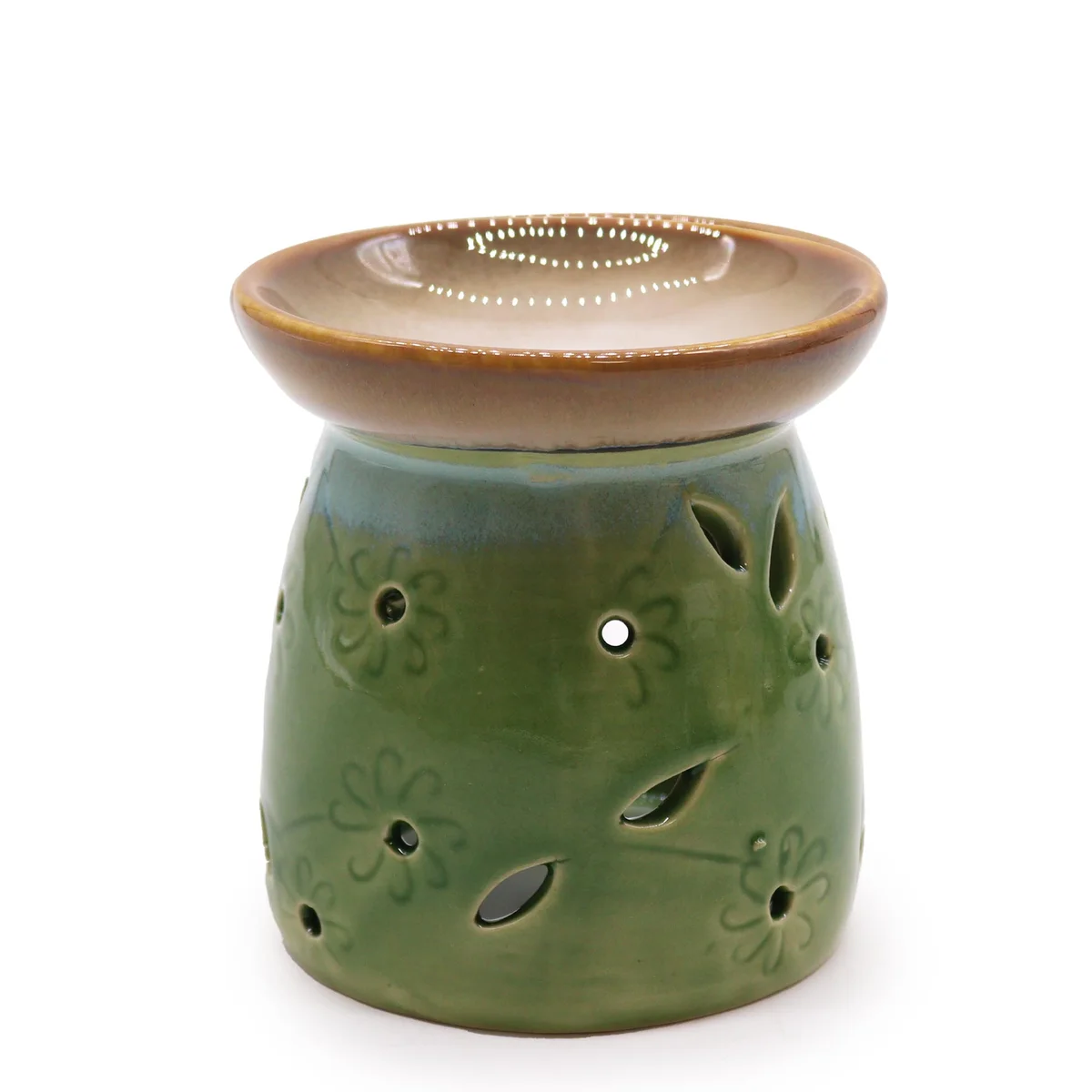 Decorative oil burner in assorted colours with classic design, shown on a white background