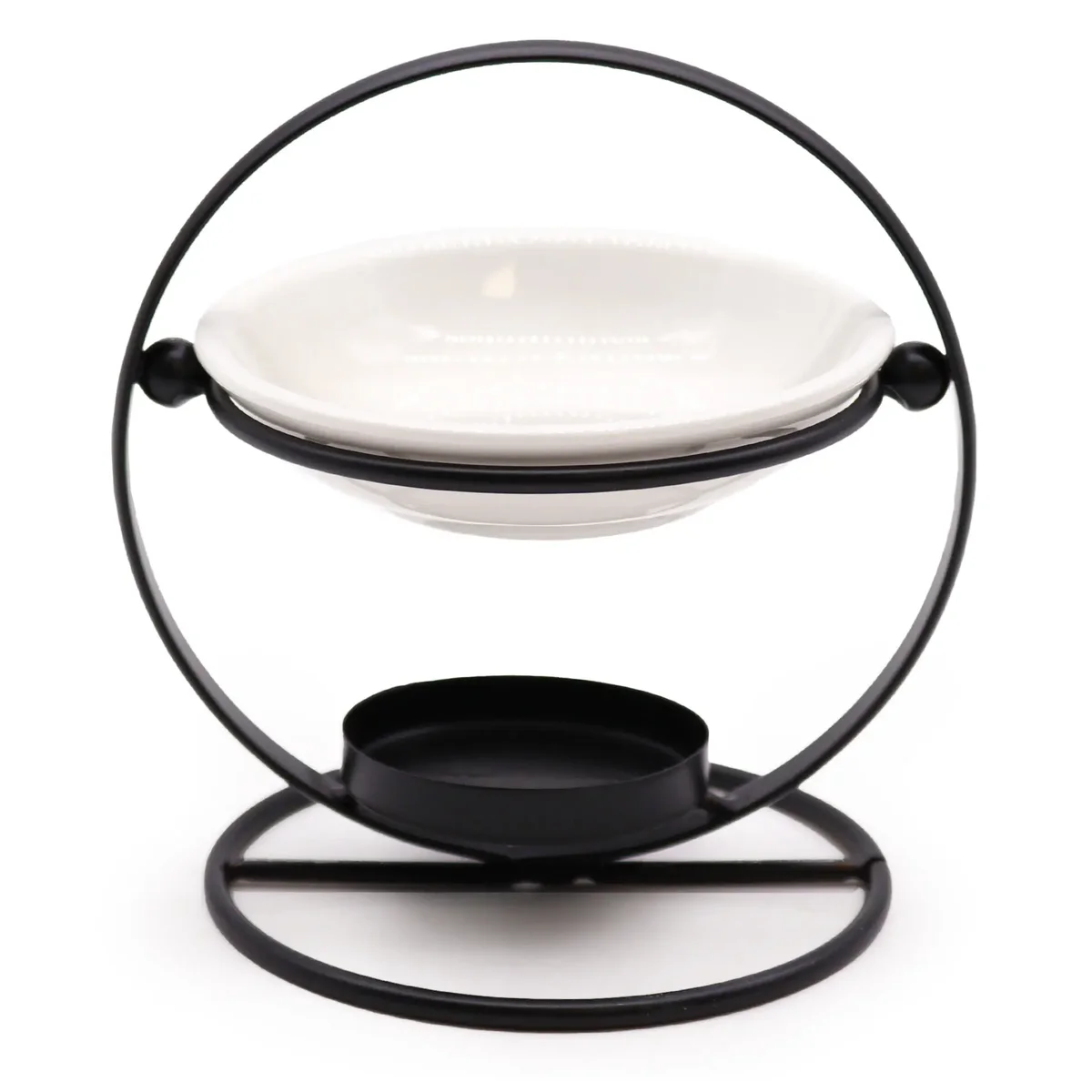 Round display stand featuring a ceramic top and metal base with a sleek, modern design