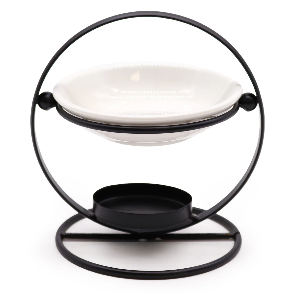 Ceramic and metal round stand with smooth ceramic ornament stand surface and sturdy metal base in neutral tones