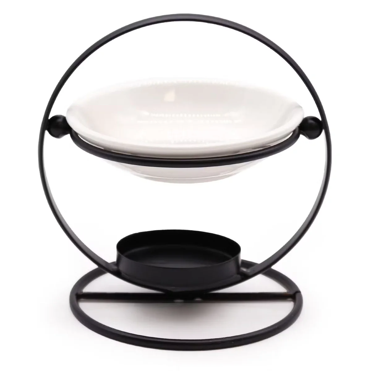 Round ceramic and metal decorative stand with smooth white ceramic top and black metal base on white background