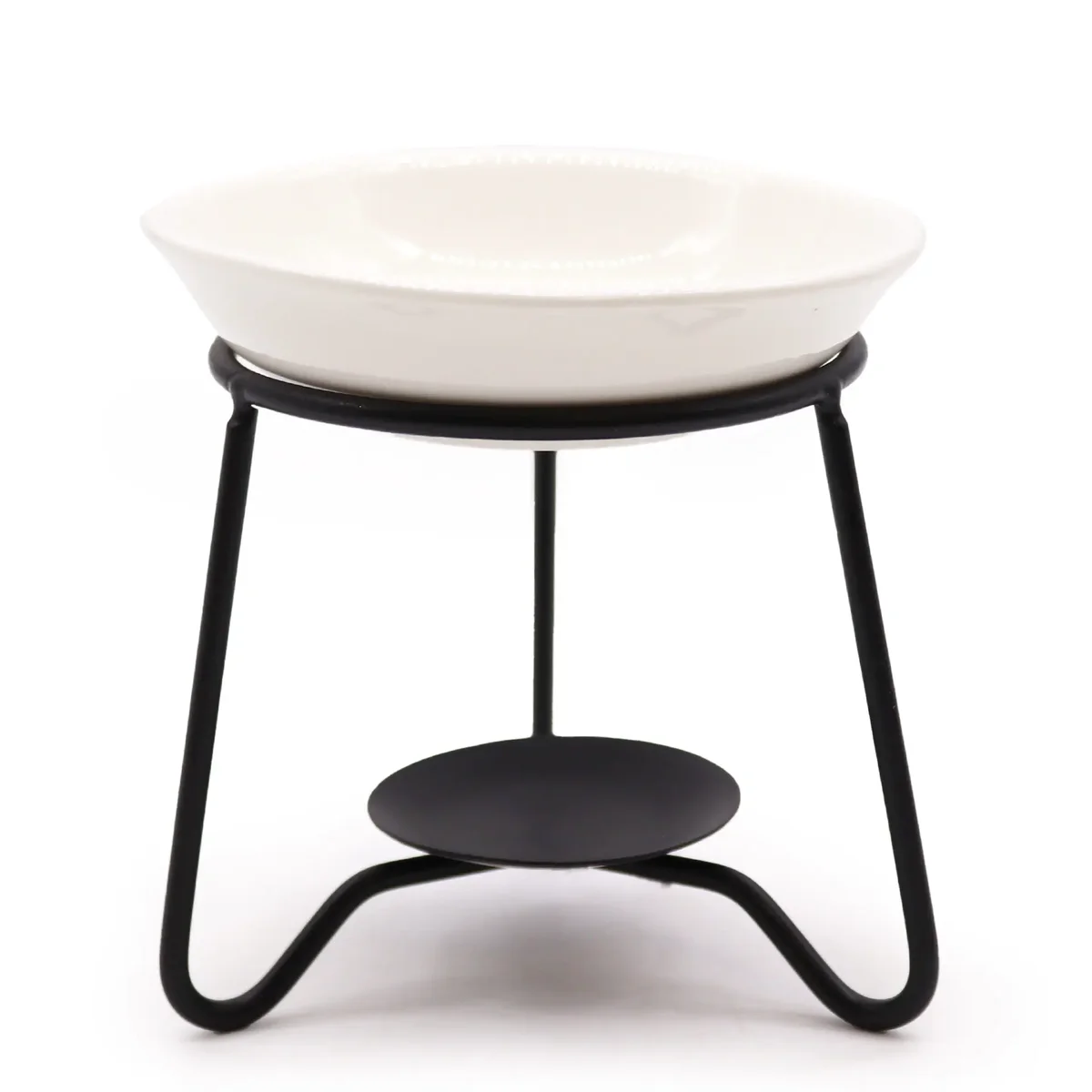 Simple display stand made of white ceramic base with metal support rod for minimalistic showcasing