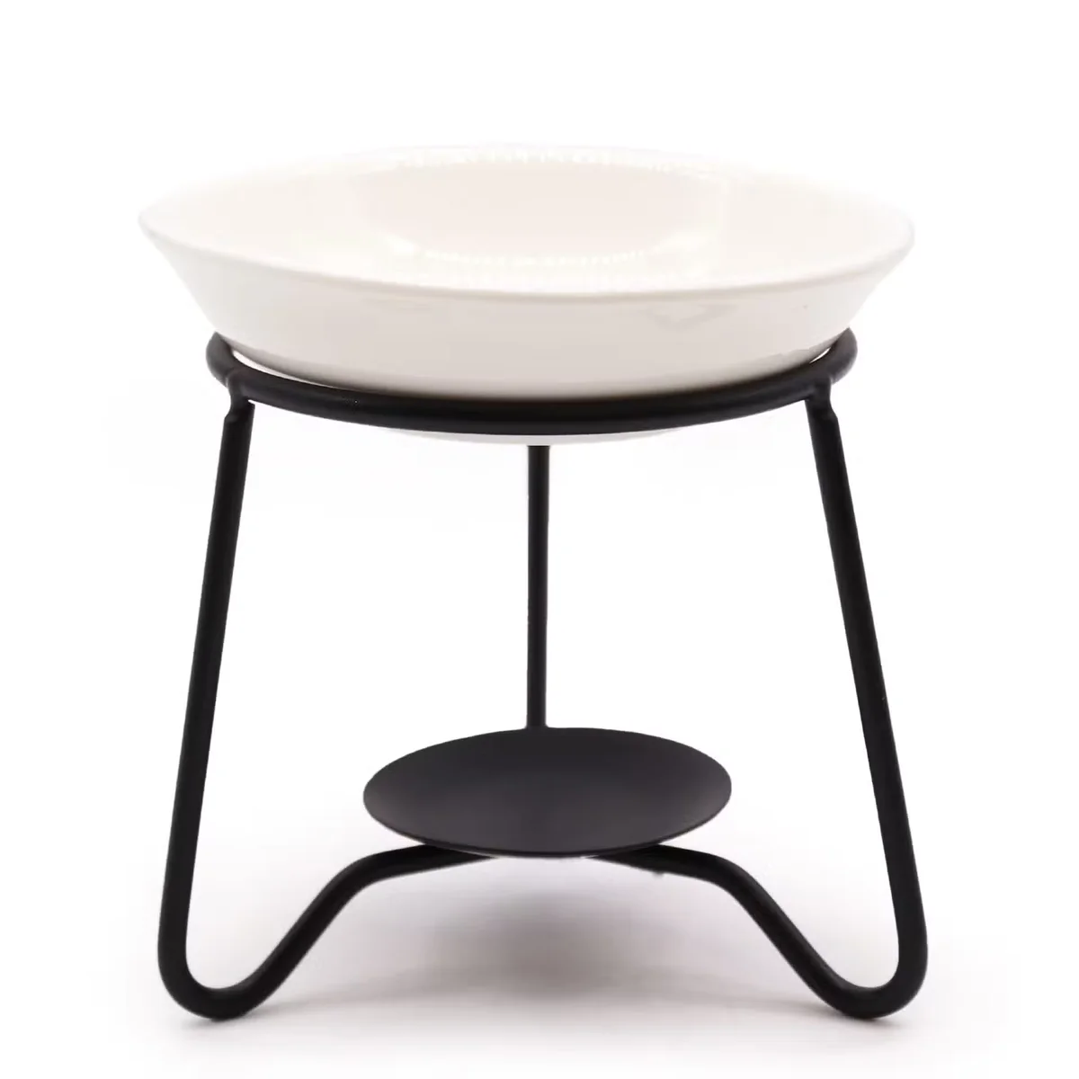 Ceramic and metal simple stand shown as a metal ornament stand with a minimalist design on a white background