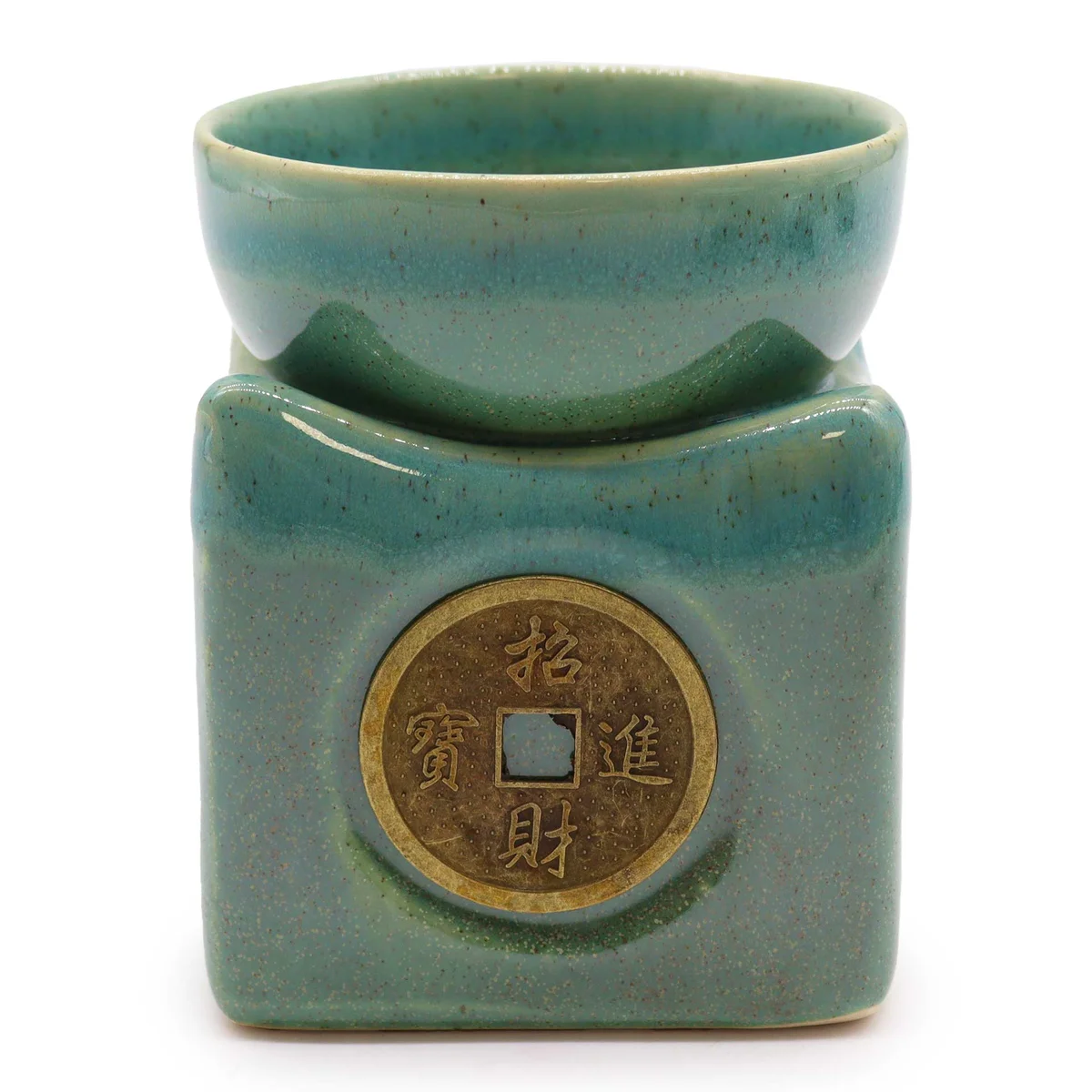 Lucky coin burner in large jade green oil burner design for home fragrance and aromatherapy use.