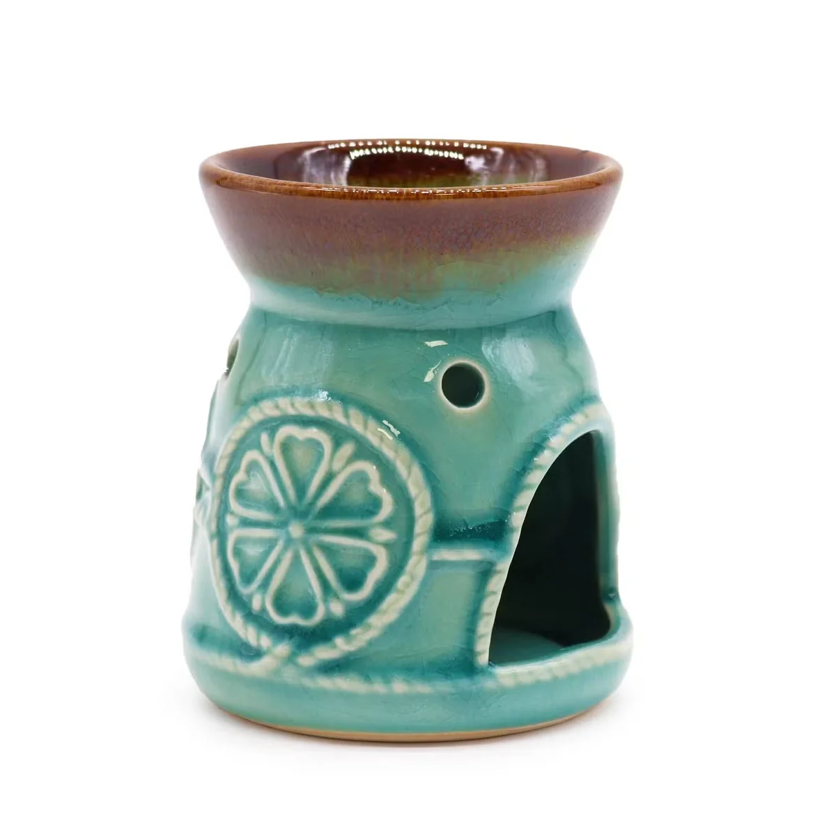 Turquoise ceramic spa burner with classic design, shown from an angled side view on a white background