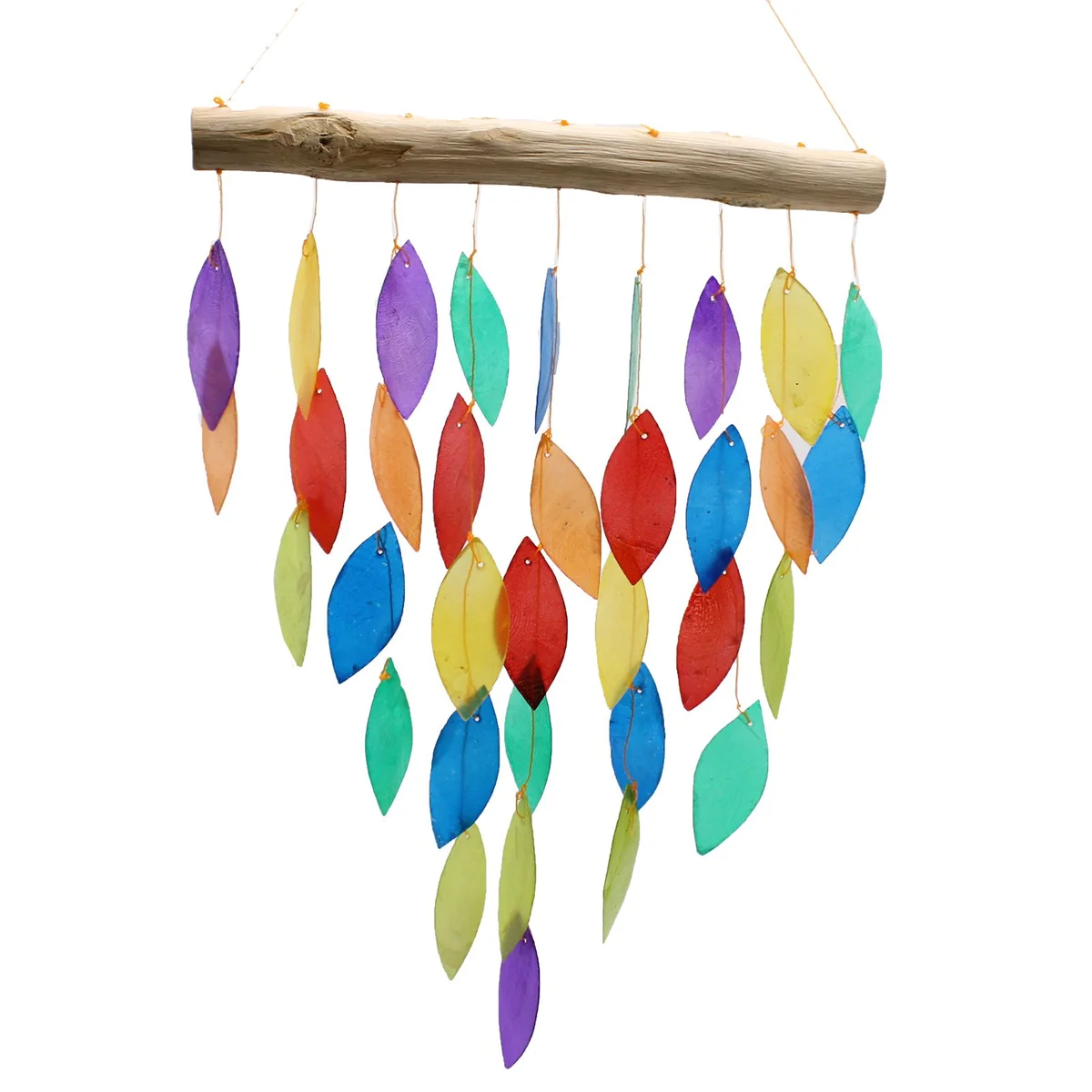 Rainbow leaf wind chime with colorful, translucent leaves hanging from a circular frame against a white background