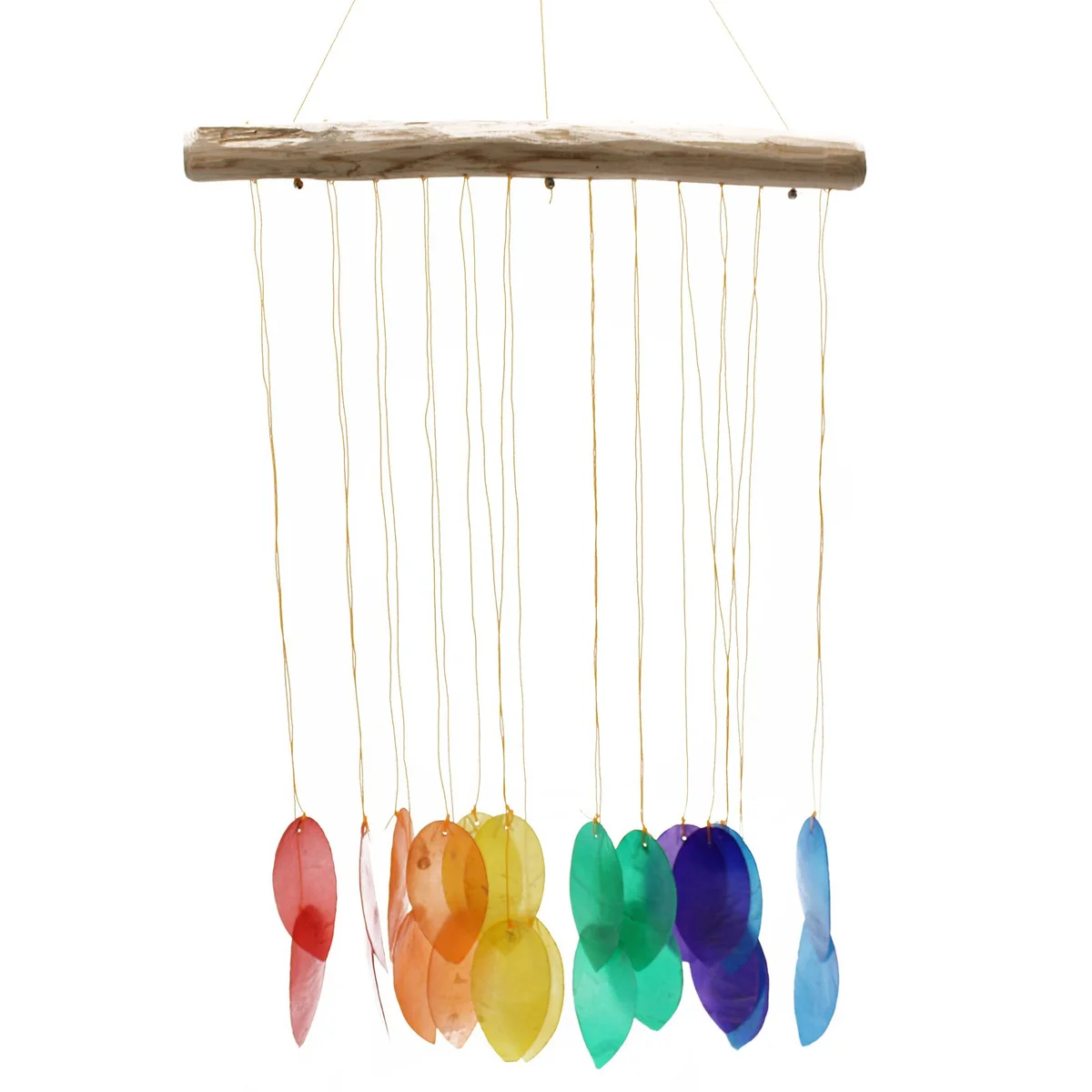 Rainbow leaf chime featuring large colorful leaves arranged in a vertical hanging design