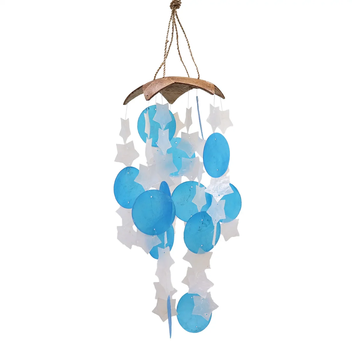 Blue white wind chimes featuring coconut shells and capiz with star shapes, 30cm length