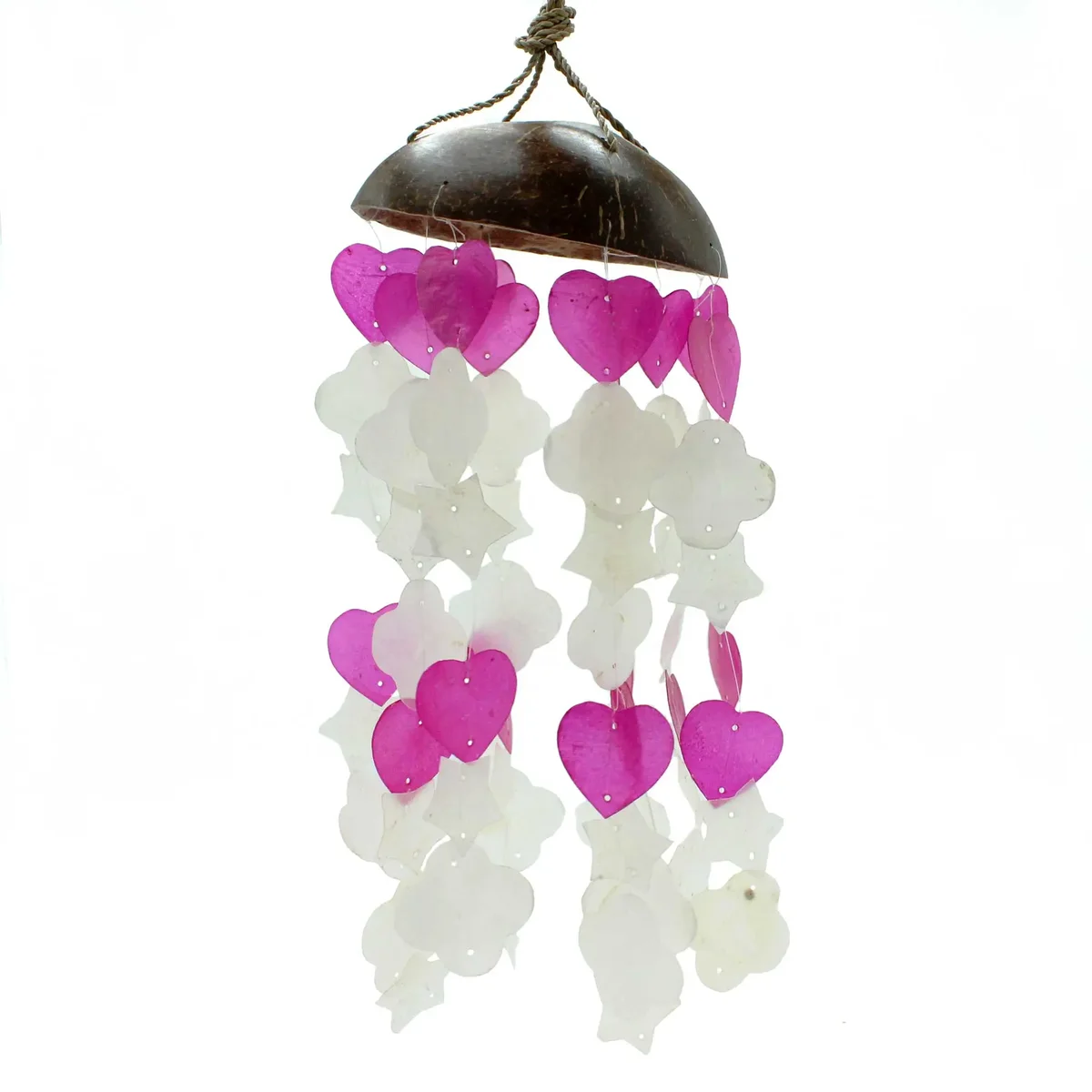 Pink white windchimes made of coconut and capiz shells in mixed shapes, hanging, 35cm length