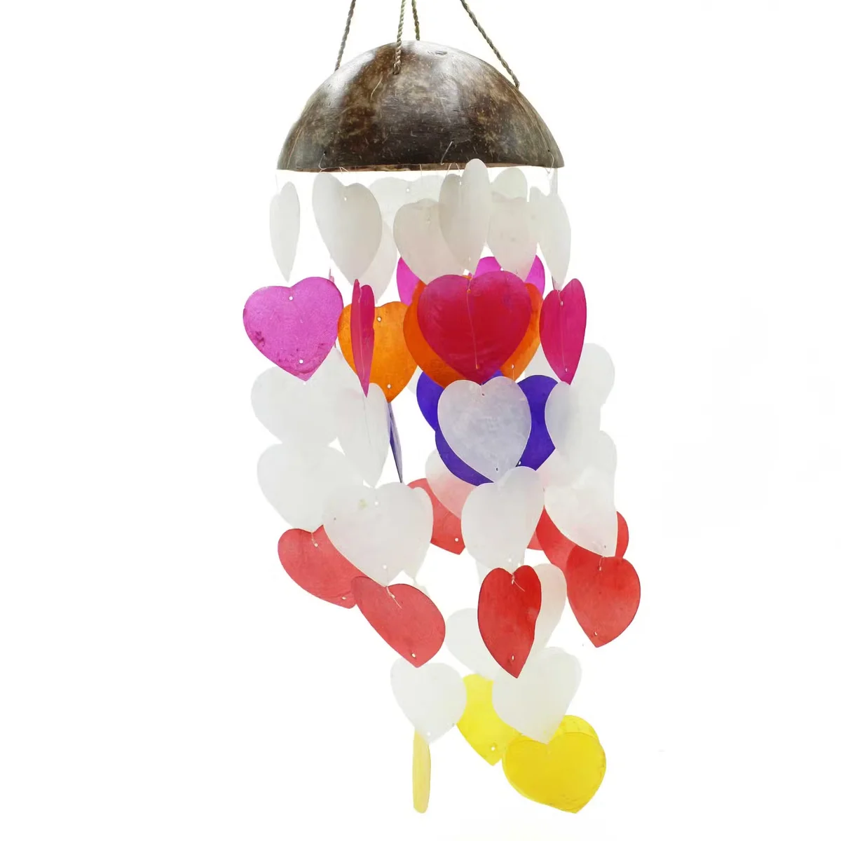 Heart shaped wind chimes made from coconut and capiz shells, hanging with big hearts design, 40cm length