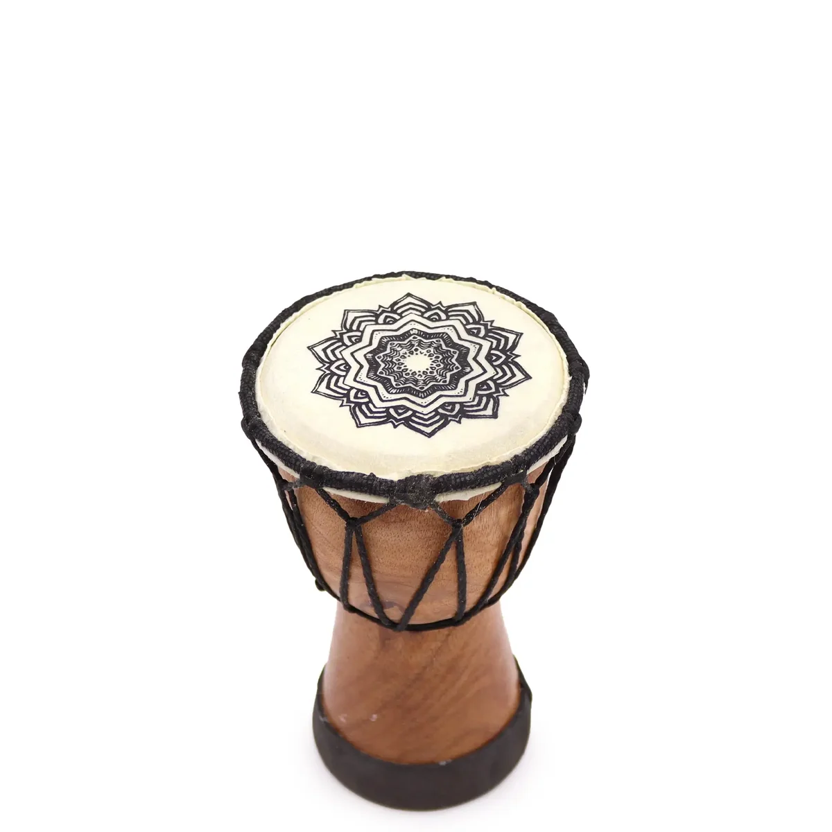 Mandala djembe drum with wide top, 15cm diameter, natural wood body and rope tuning system on white background