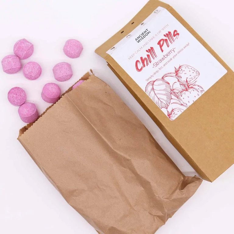 Strawberry chill pills gift pack displayed in a sealed bag with clear packaging