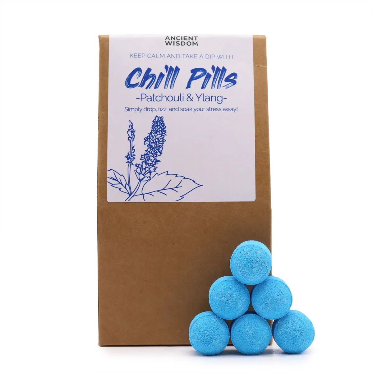 Chill Pills bath bomb gift pack 350g with ylang and patchouli scent in colorful packaging